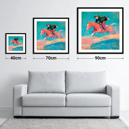 The Bold Leap - size guide showing 40cm, 70cm and 90cm art prints
