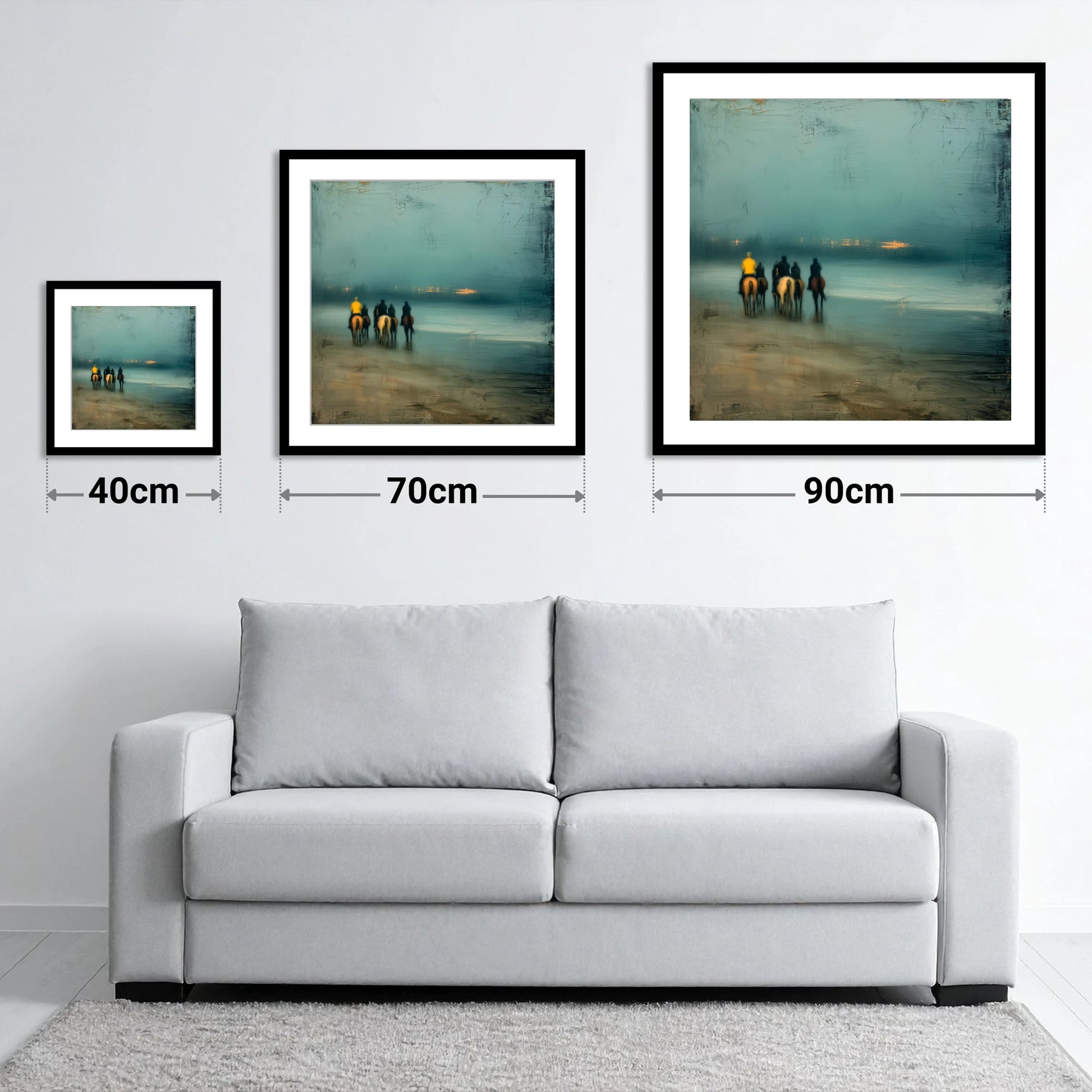 Twilight Beach Hack - size guide showing 40cm, 70cm and 90cm art prints