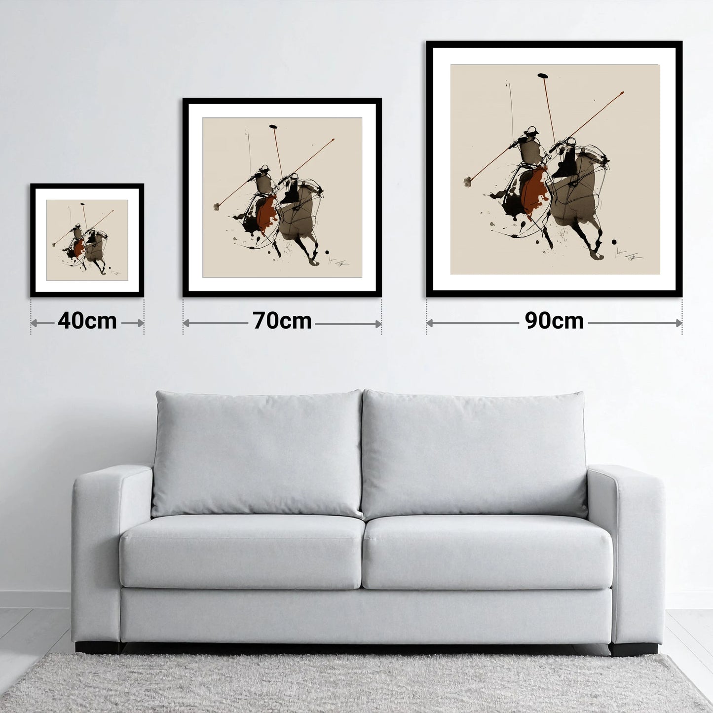 The Ride-Off - size guide showing 40cm, 70cm and 90cm art prints