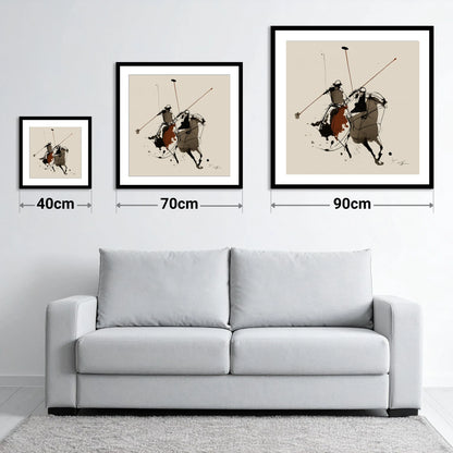The Ride-Off - size guide showing 40cm, 70cm and 90cm art prints