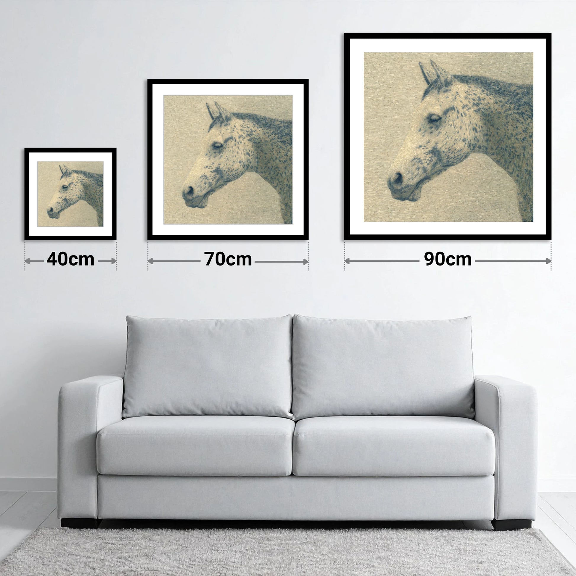 Meticulous Equine Profile - size guide showing 40cm, 70cm and 90cm art prints