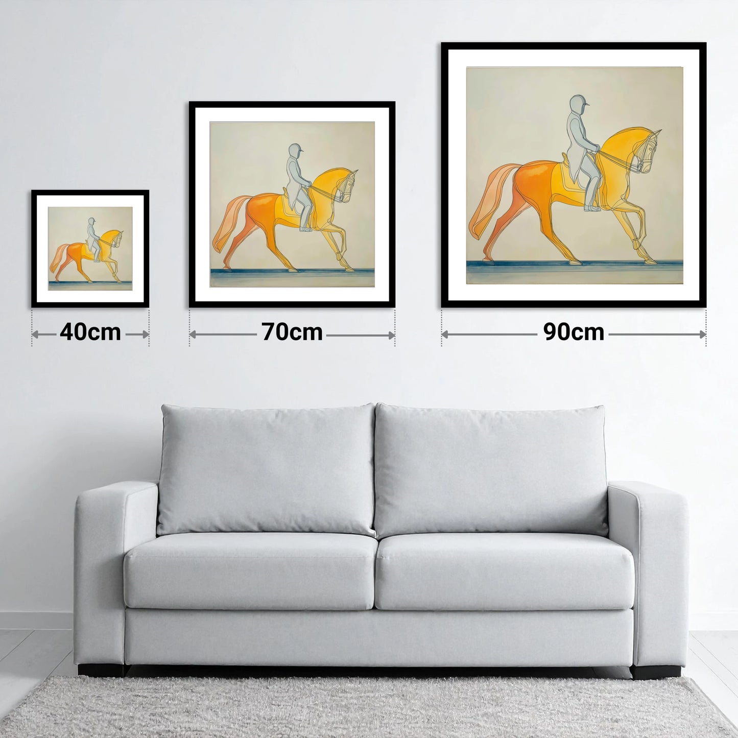 Golden Dressage Cadence - size guide showing 40cm, 70cm and 90cm art prints