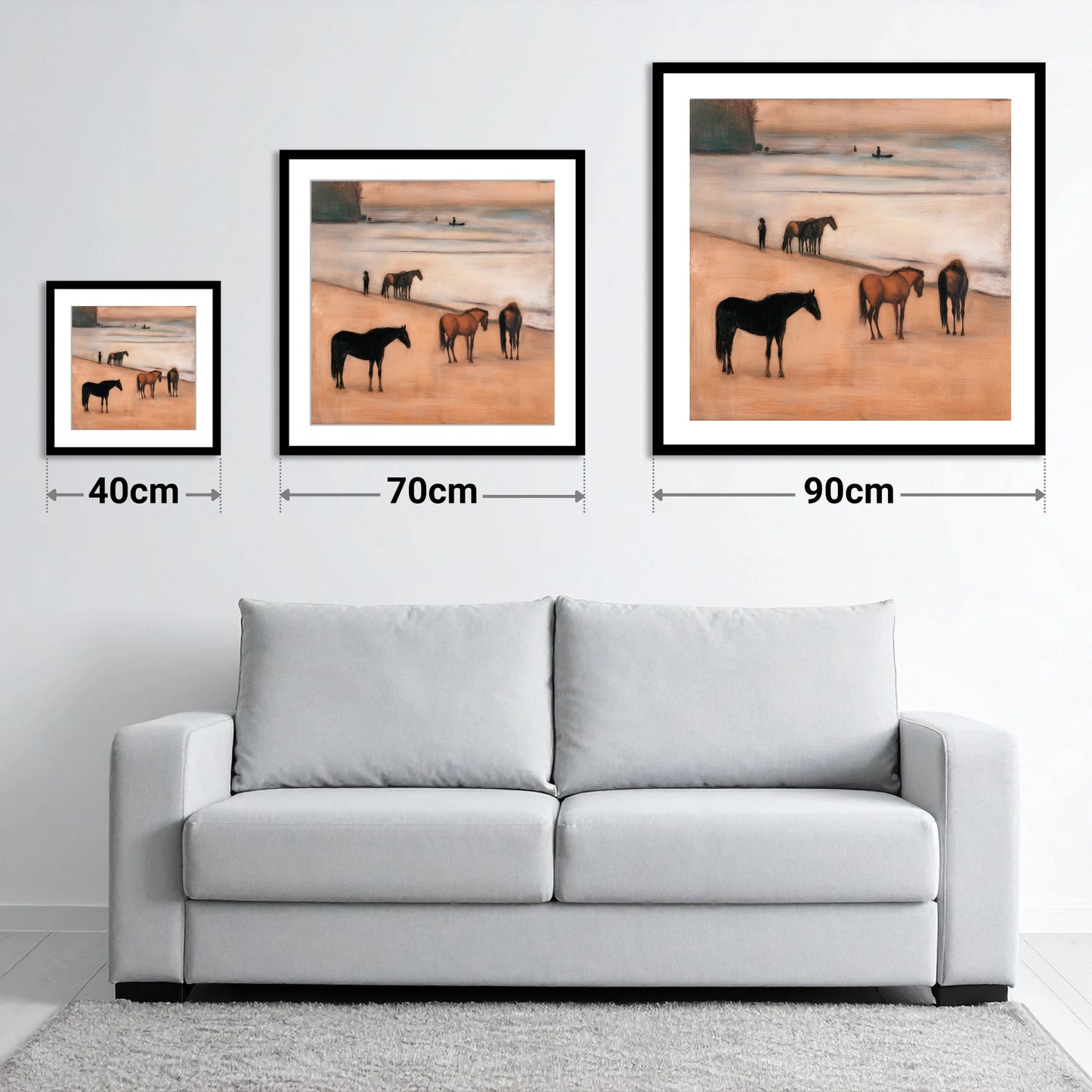 Serenity on the Sands - size guide showing 40cm, 70cm and 90cm art prints