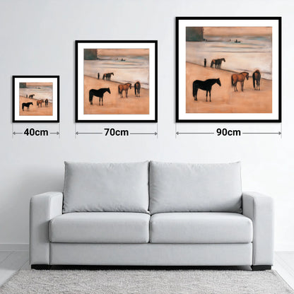 Serenity on the Sands - size guide showing 40cm, 70cm and 90cm art prints
