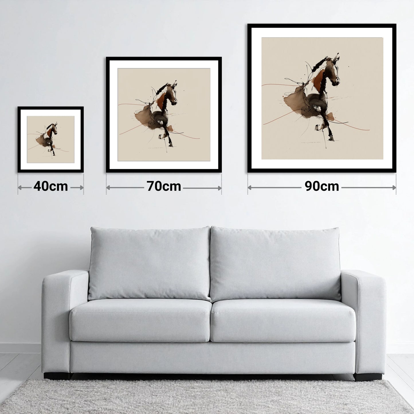 Abstract Dressage Form - size guide showing 40cm, 70cm and 90cm art prints