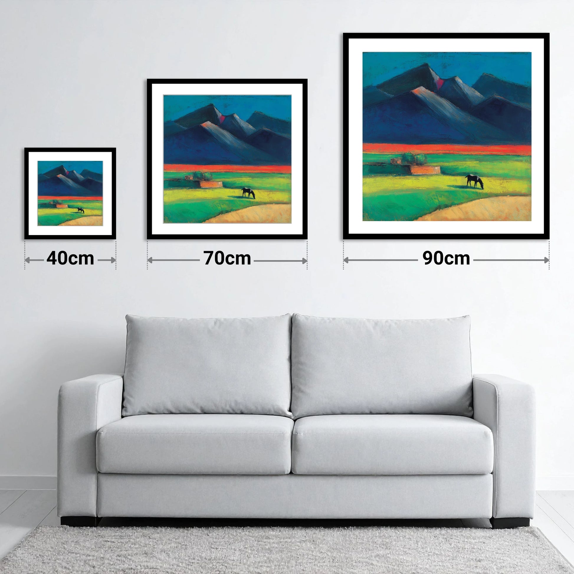 Grazing Beneath Indigo Peaks - size guide showing 40cm, 70cm and 90cm art prints