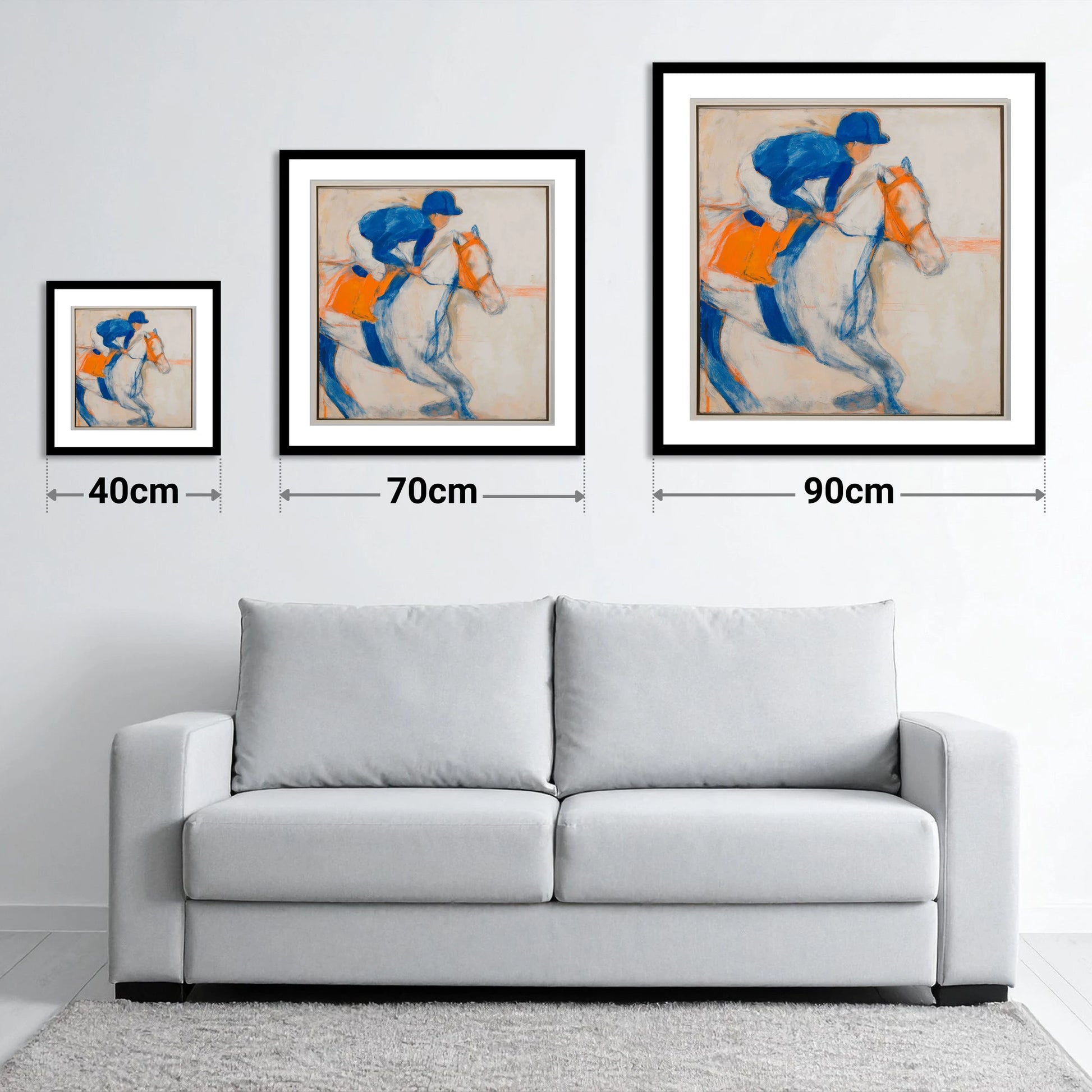 Bold Ultramarine Gallop - size guide showing 40cm, 70cm and 90cm art prints