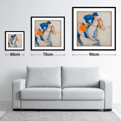 Bold Ultramarine Gallop - size guide showing 40cm, 70cm and 90cm art prints