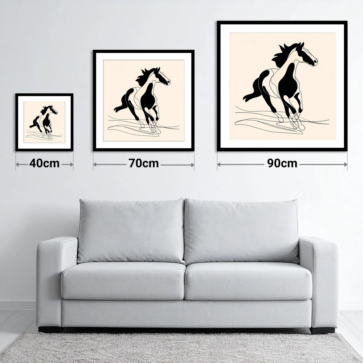 Fluid Equine Silhouette - size guide showing 40cm, 70cm and 90cm art prints