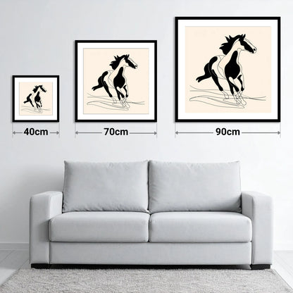 Fluid Equine Silhouette - size guide showing 40cm, 70cm and 90cm art prints