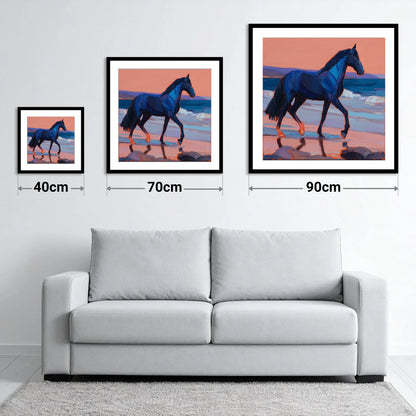 Indigo Beach Stride - size guide showing 40cm, 70cm and 90cm art prints