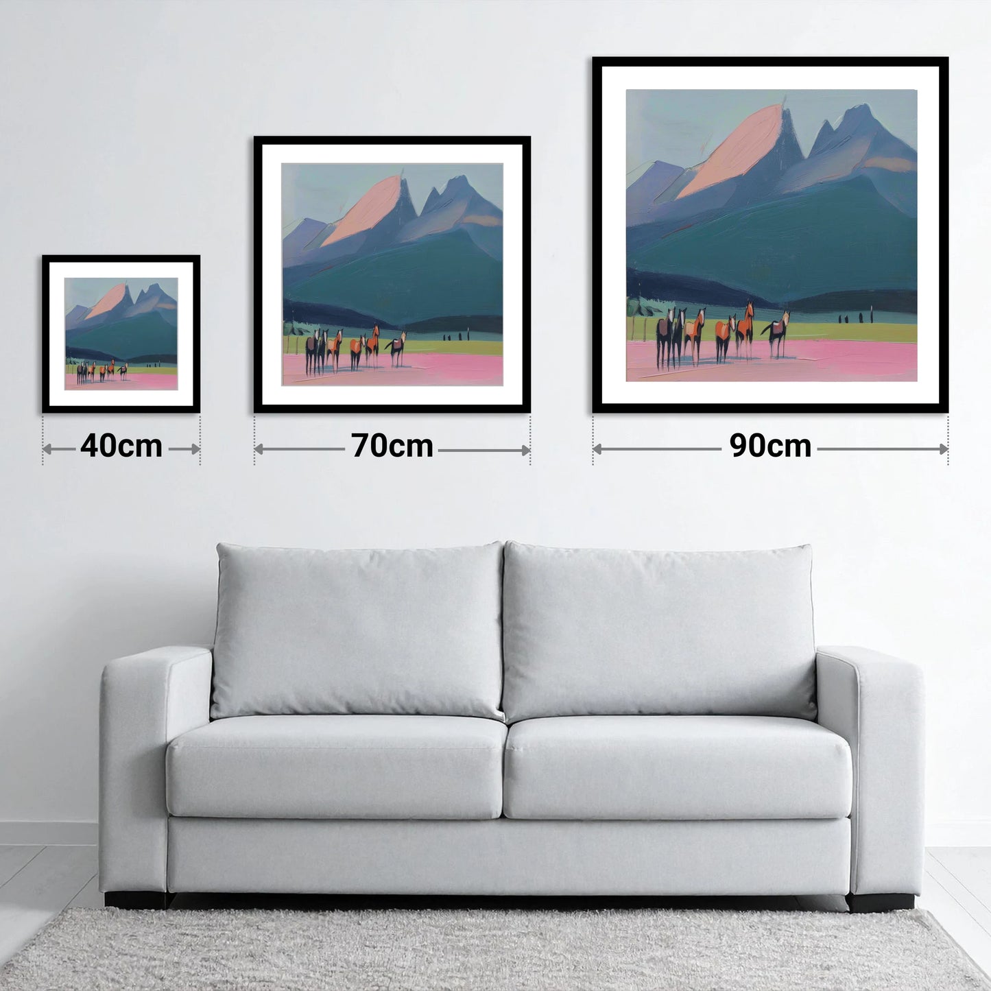 Rose Peaks Herd - size guide showing 40cm, 70cm and 90cm art prints