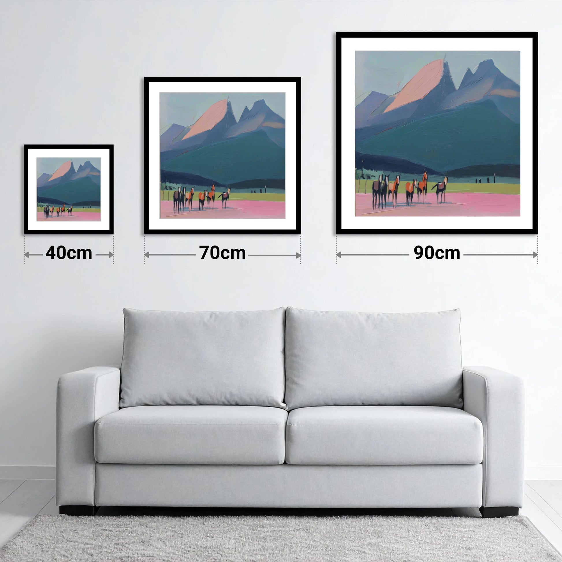 Rose Peaks Herd - size guide showing 40cm, 70cm and 90cm art prints