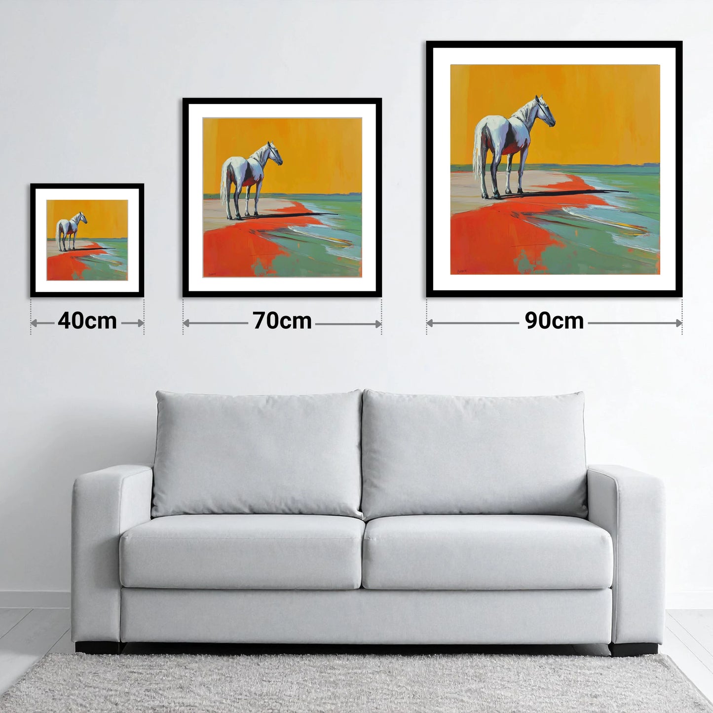 Amber Horizon - size guide showing 40cm, 70cm and 90cm art prints