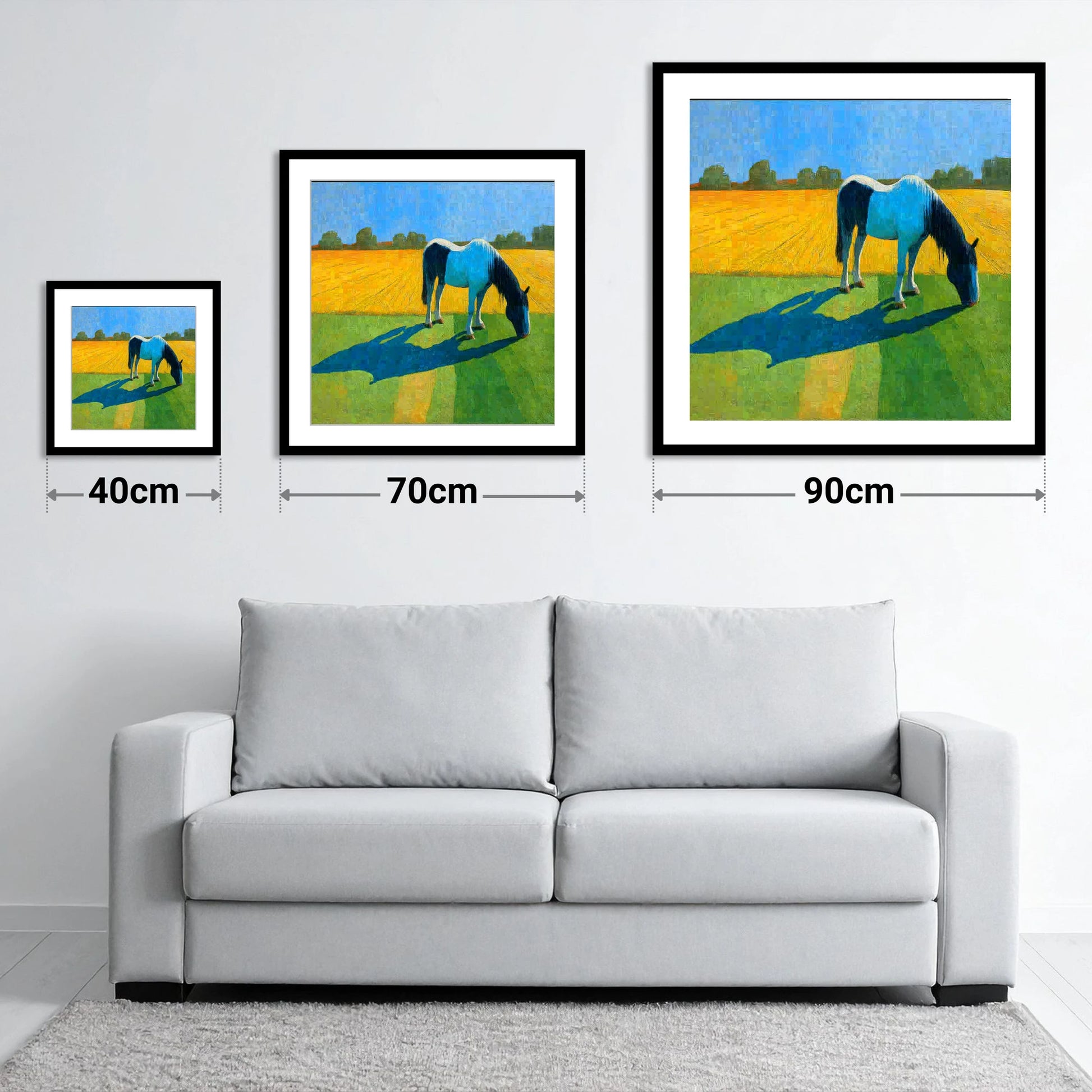 Sunlit Piebald Grazer - size guide showing 40cm, 70cm and 90cm art prints