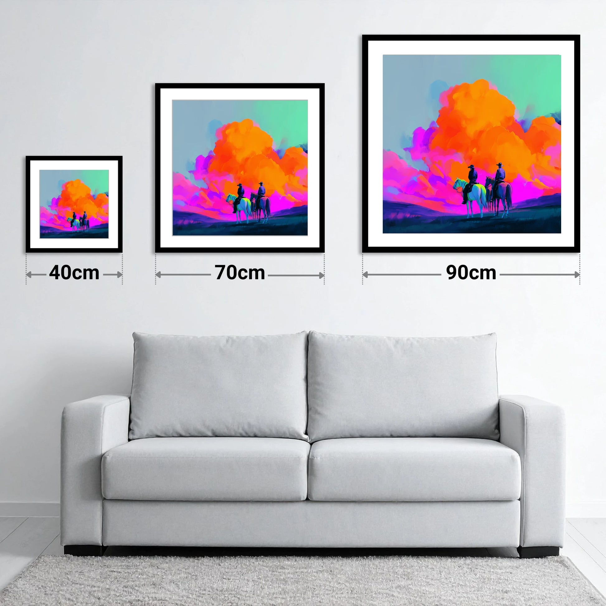 Vivid Western Horizon - size guide showing 40cm, 70cm and 90cm art prints