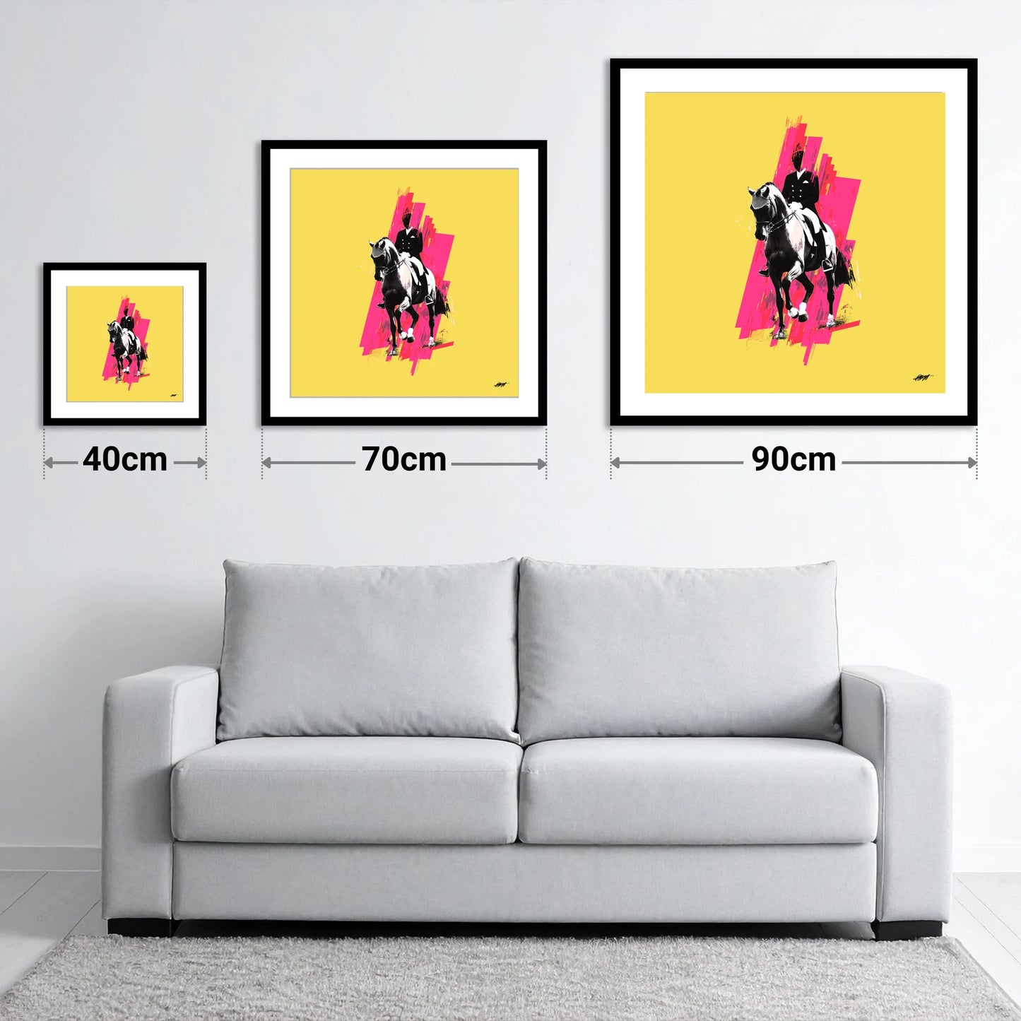 Bold Dressage Rhythm - size guide showing 40cm, 70cm and 90cm art prints
