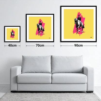 Bold Dressage Rhythm - size guide showing 40cm, 70cm and 90cm art prints