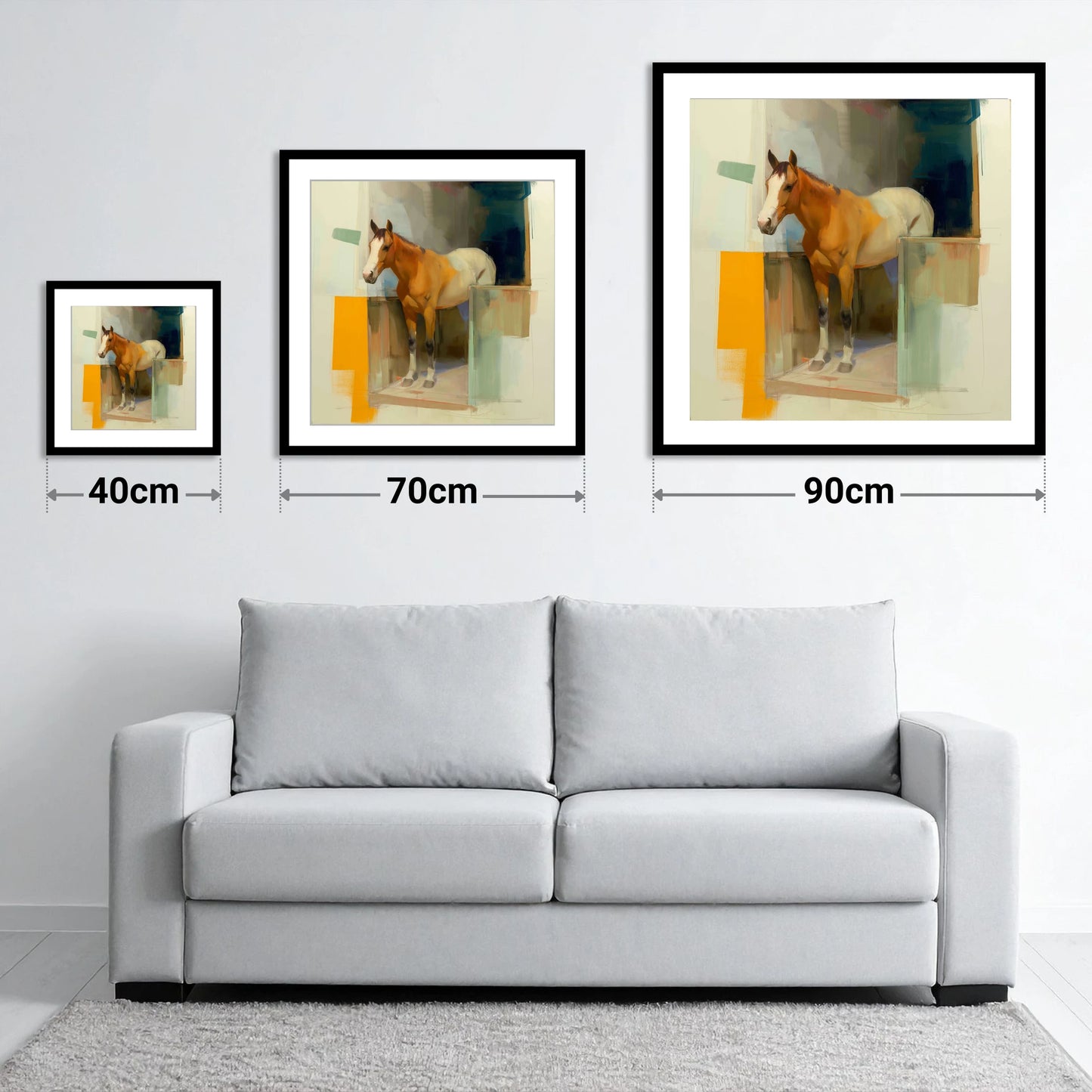 Vibrant Stable Doorway - size guide showing 40cm, 70cm and 90cm art prints
