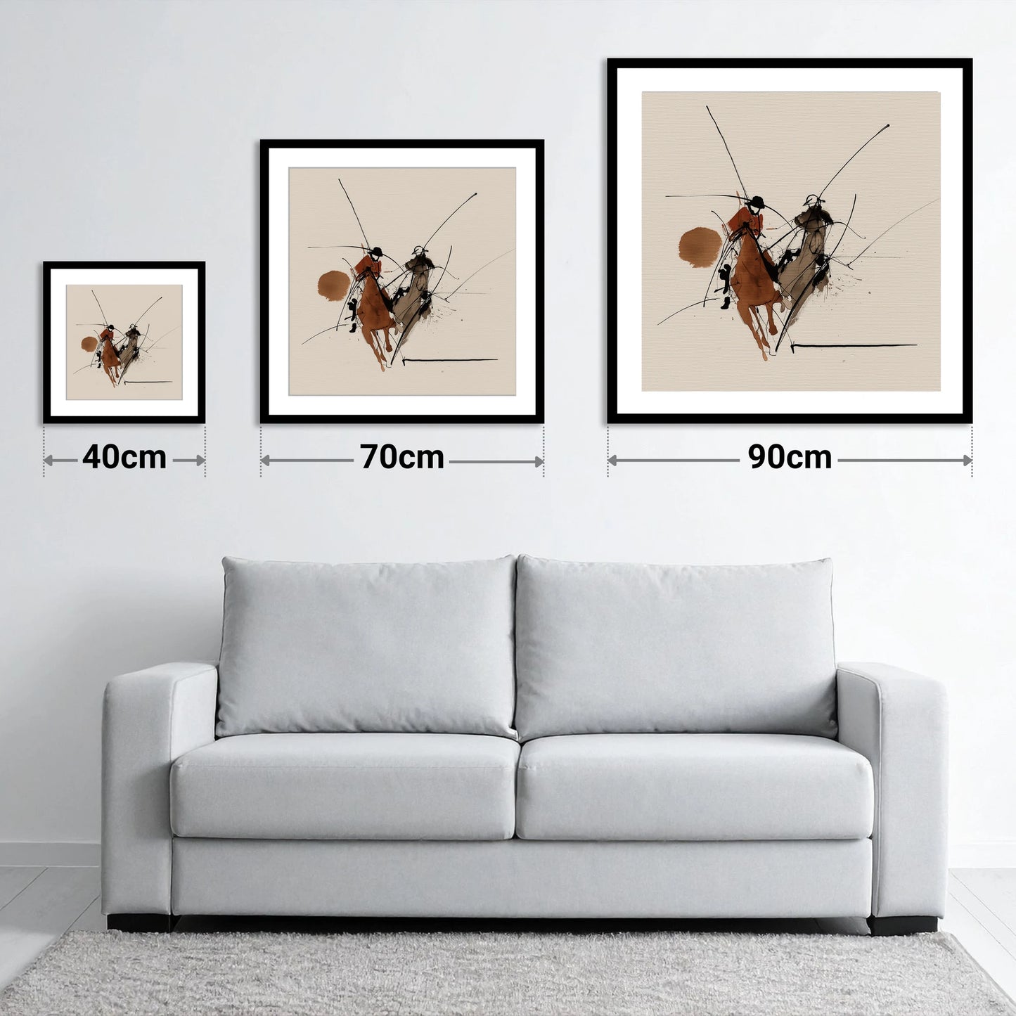 The Ride-Off - size guide showing 40cm, 70cm and 90cm art prints