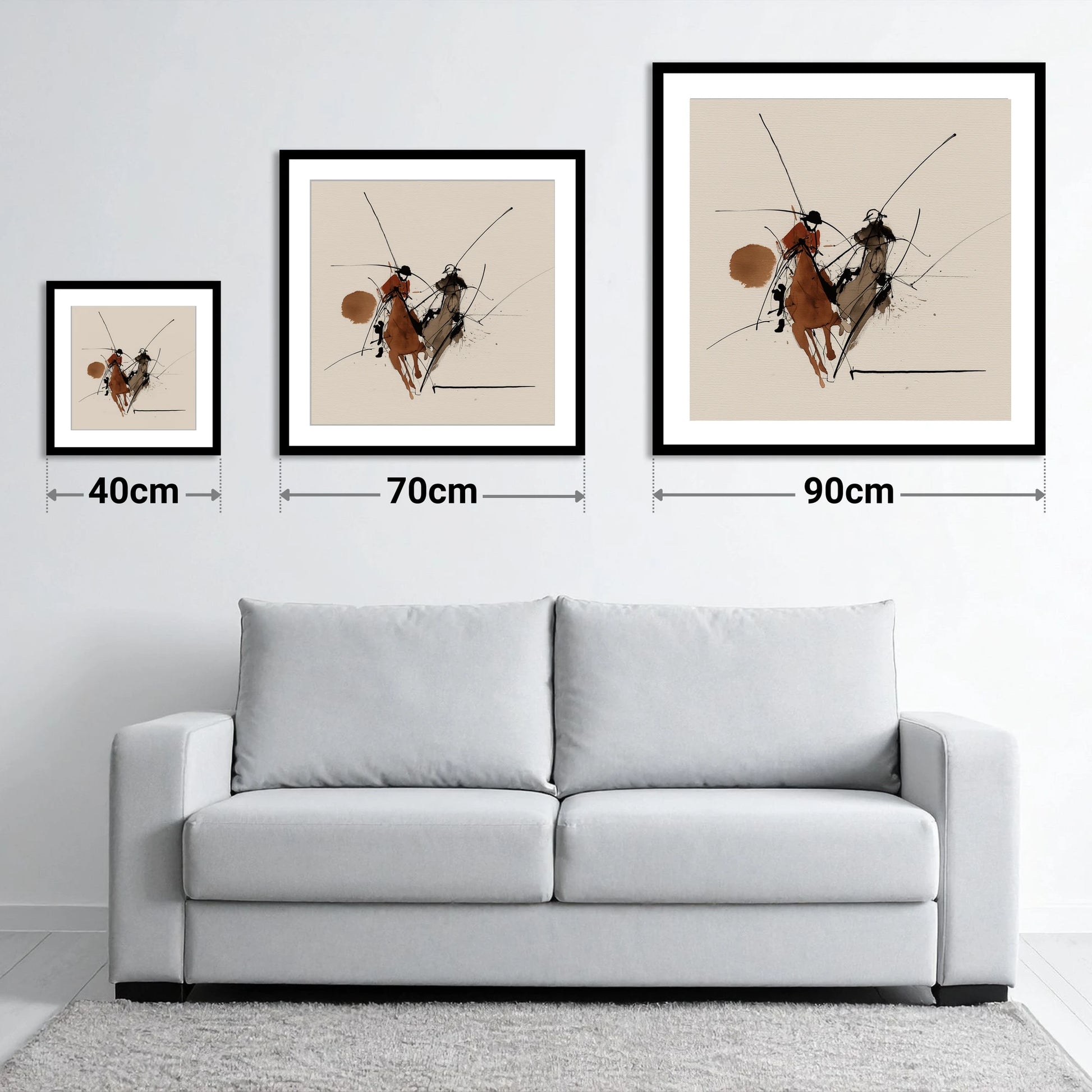 The Ride-Off - size guide showing 40cm, 70cm and 90cm art prints