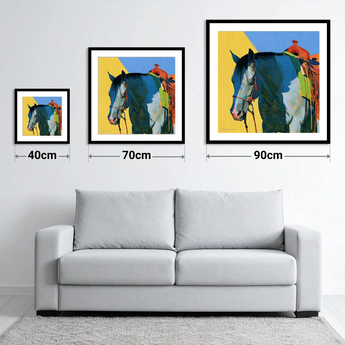 Western Horse in Blue and Yellow - size guide showing 40cm, 70cm and 90cm art prints