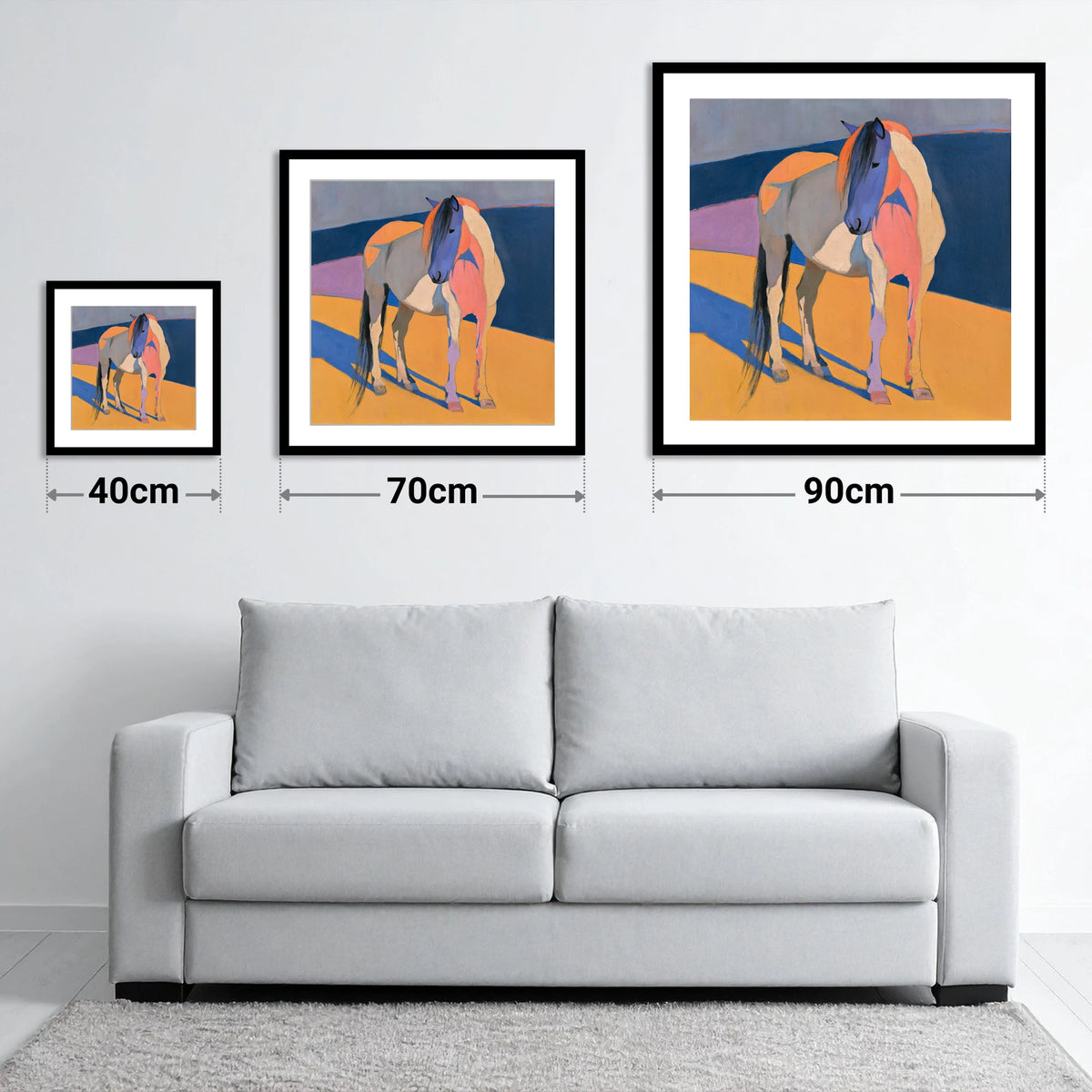 Vibrant Colour Block Standing Horse - size guide showing 40cm, 70cm and 90cm art prints