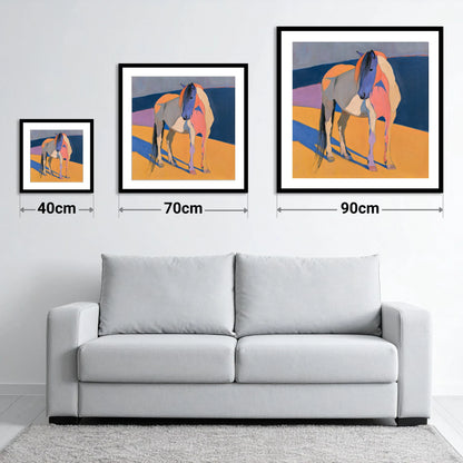 Vibrant Colour Block Standing Horse - size guide showing 40cm, 70cm and 90cm art prints
