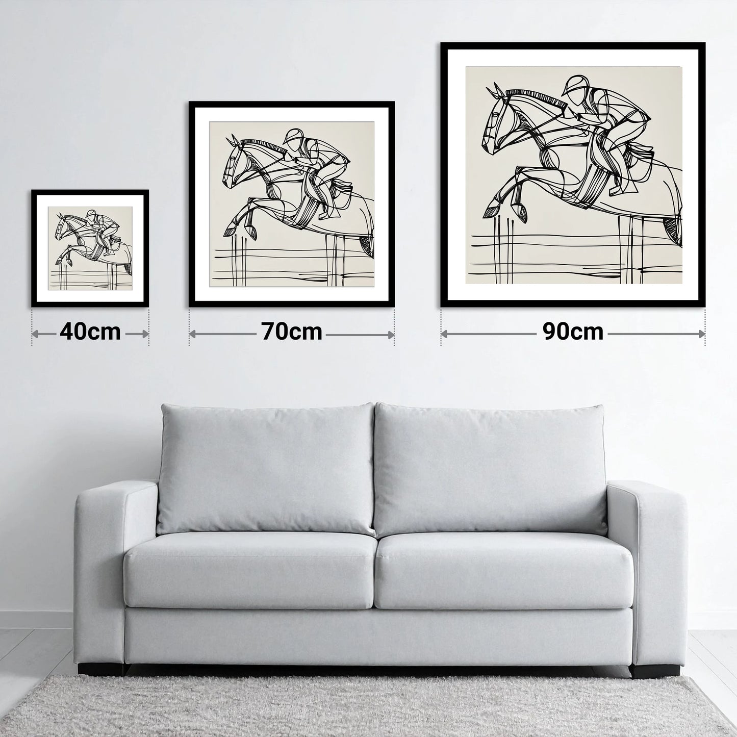 The Perfect Arc - size guide showing 40cm, 70cm and 90cm art prints