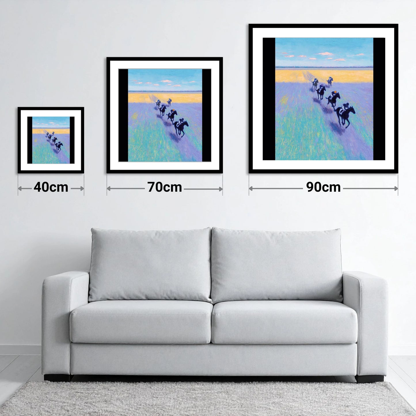 The Morning String - size guide showing 40cm, 70cm and 90cm art prints