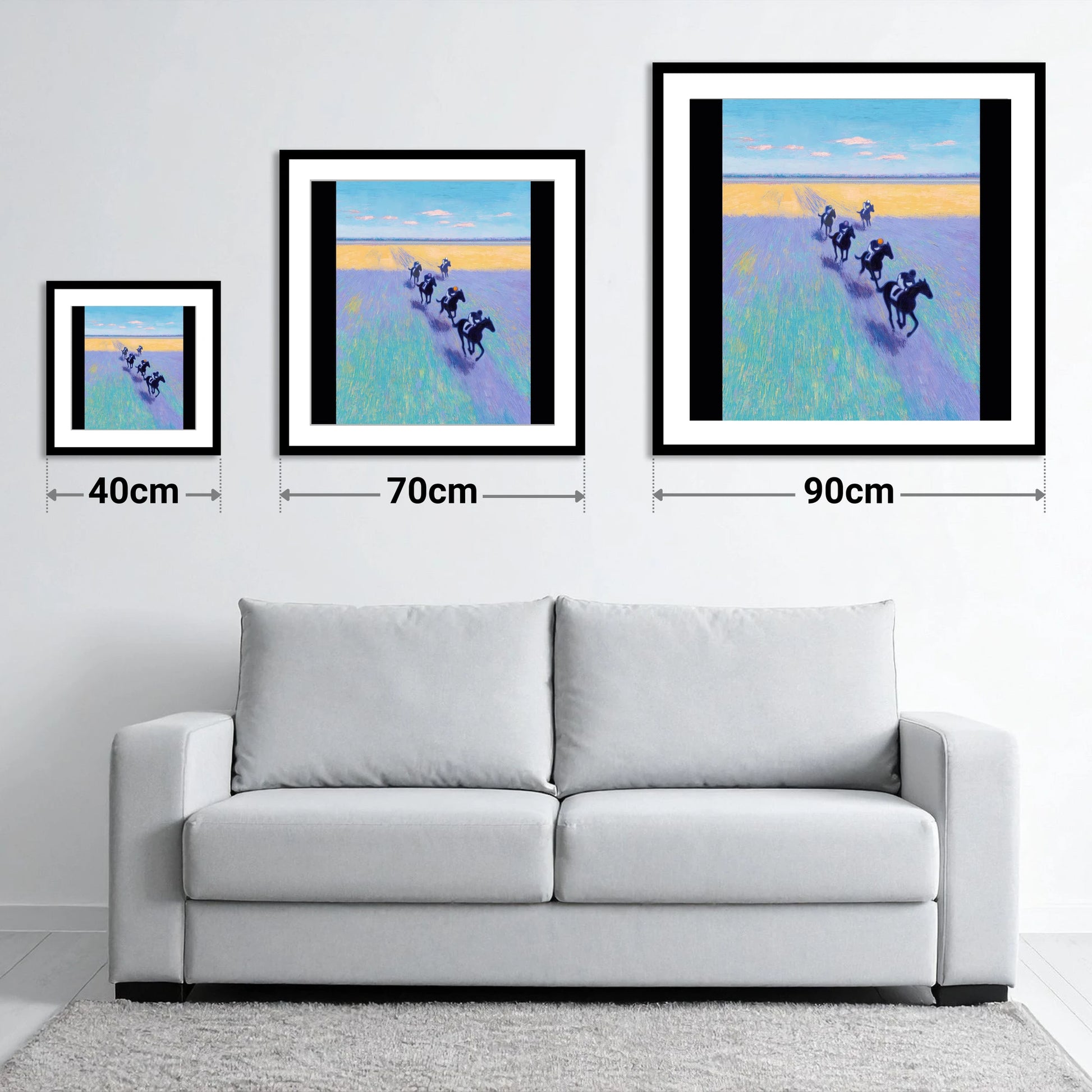 The Morning String - size guide showing 40cm, 70cm and 90cm art prints