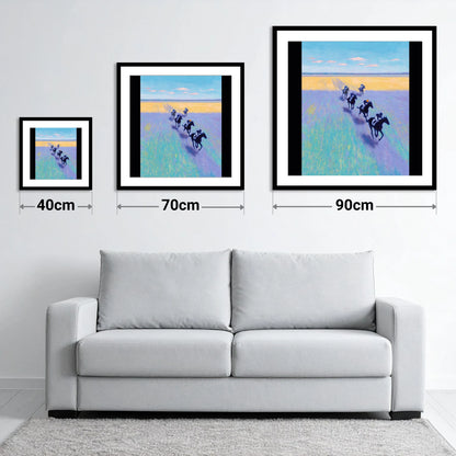 The Morning String - size guide showing 40cm, 70cm and 90cm art prints