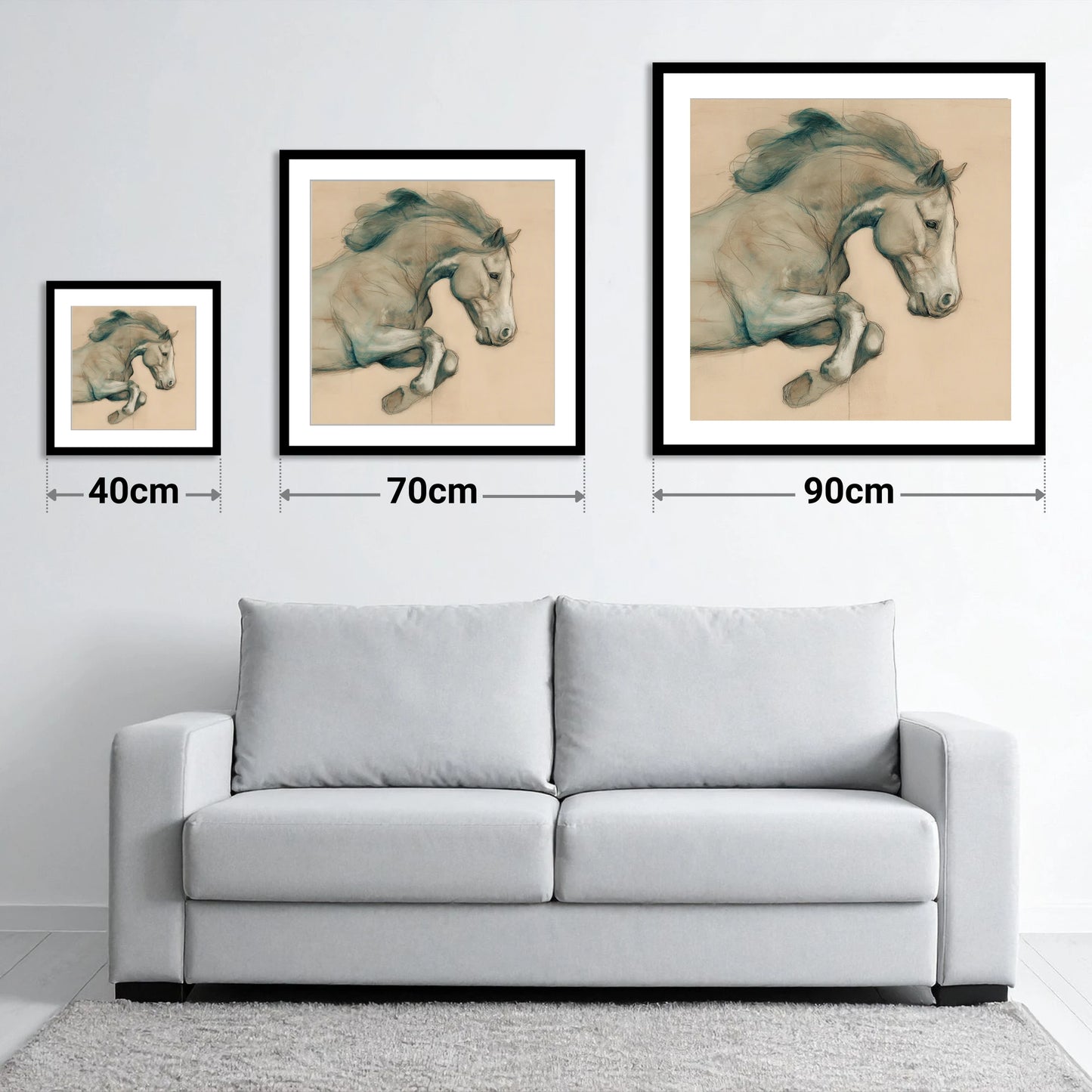 Suspended Grace - size guide showing 40cm, 70cm and 90cm art prints