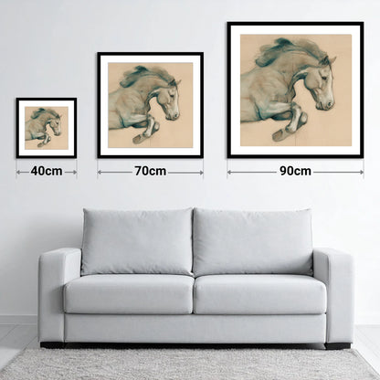 Suspended Grace - size guide showing 40cm, 70cm and 90cm art prints