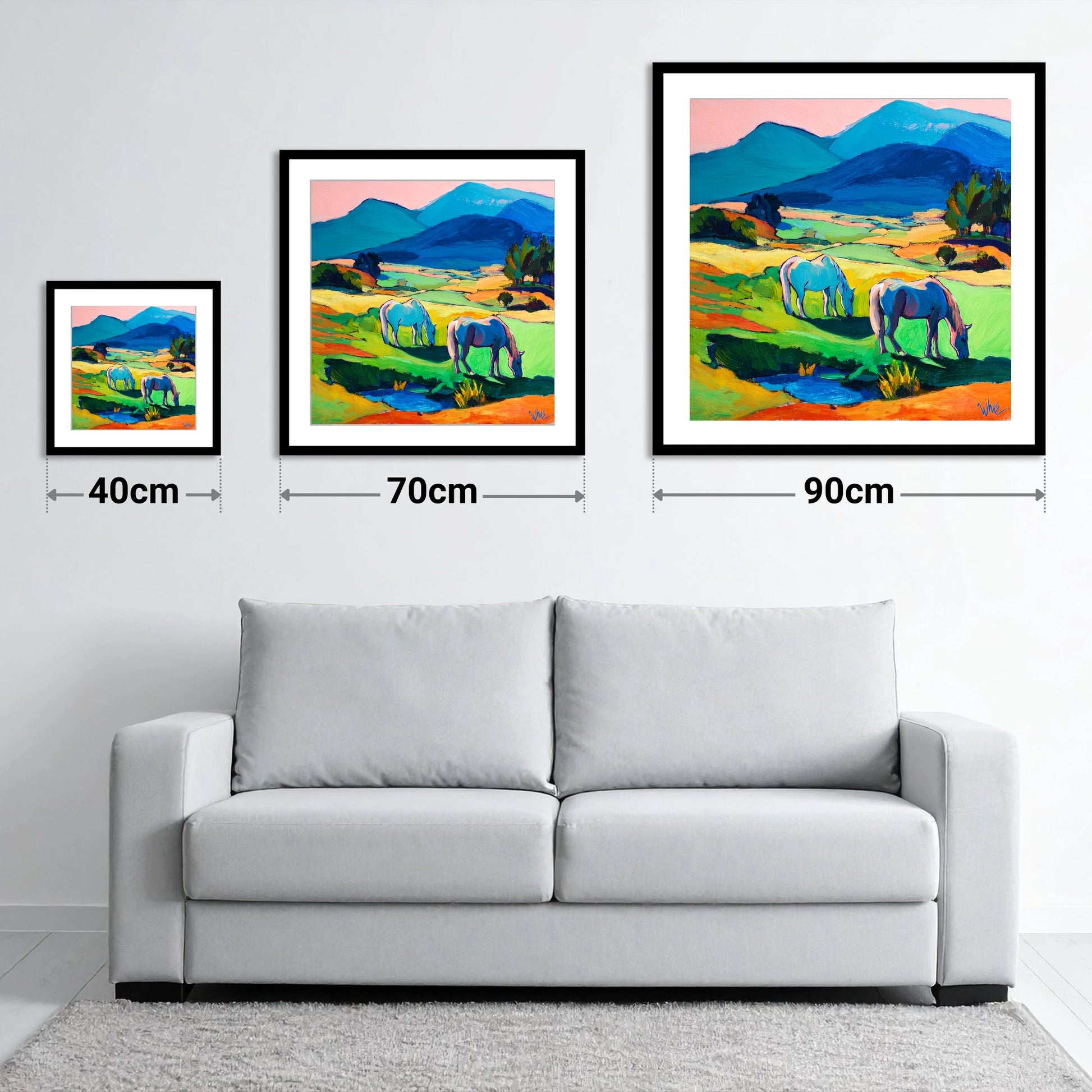 Painted Valley Grazing - size guide showing 40cm, 70cm and 90cm art prints