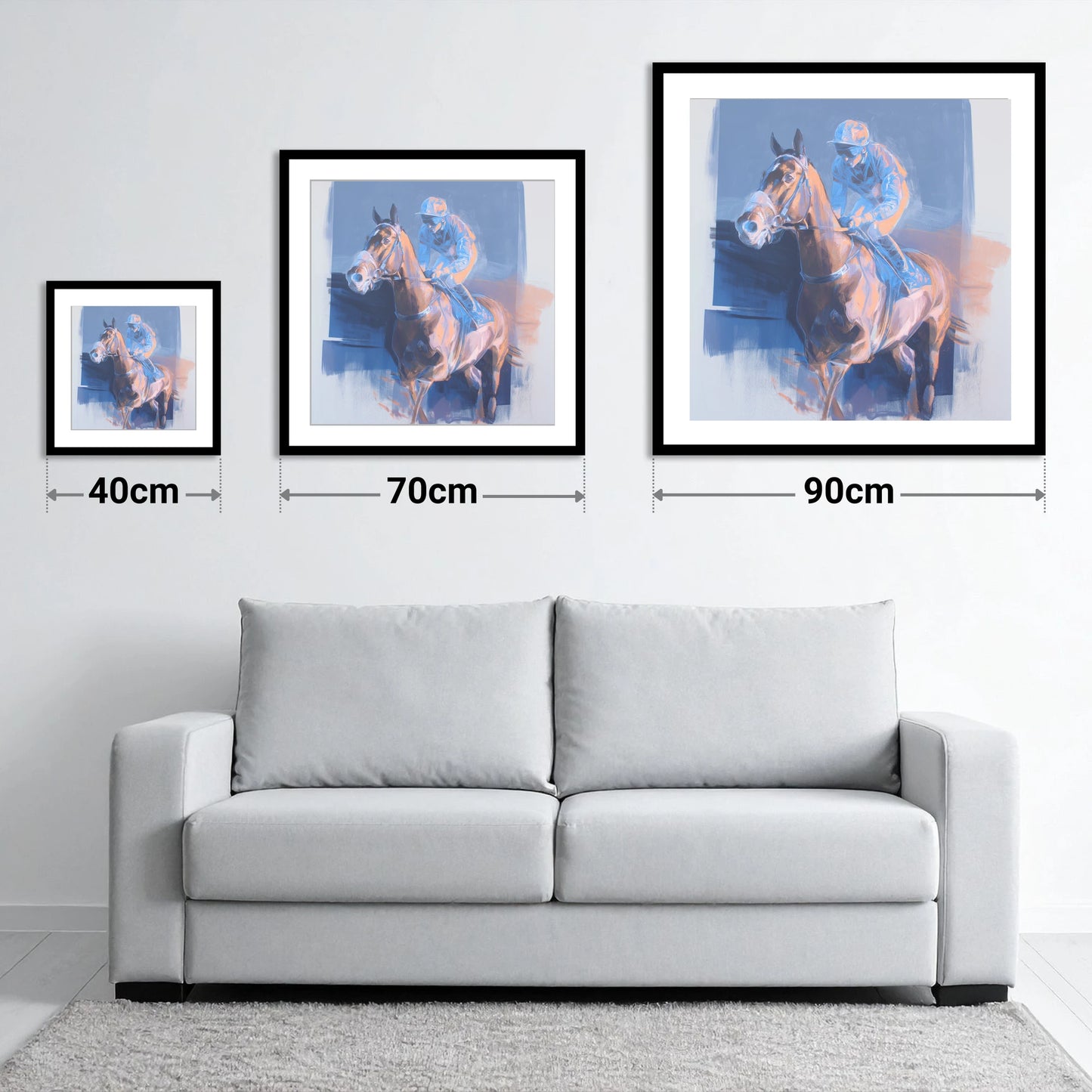 Quiet Anticipation - size guide showing 40cm, 70cm and 90cm art prints