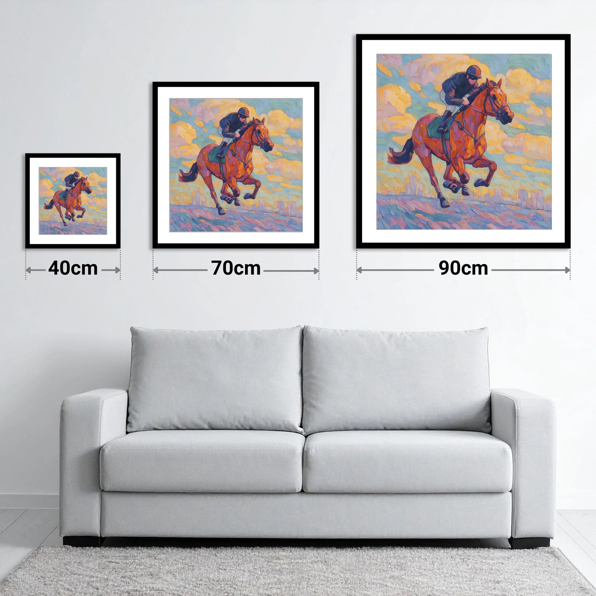 Technicolour Gallop - size guide showing 40cm, 70cm and 90cm art prints