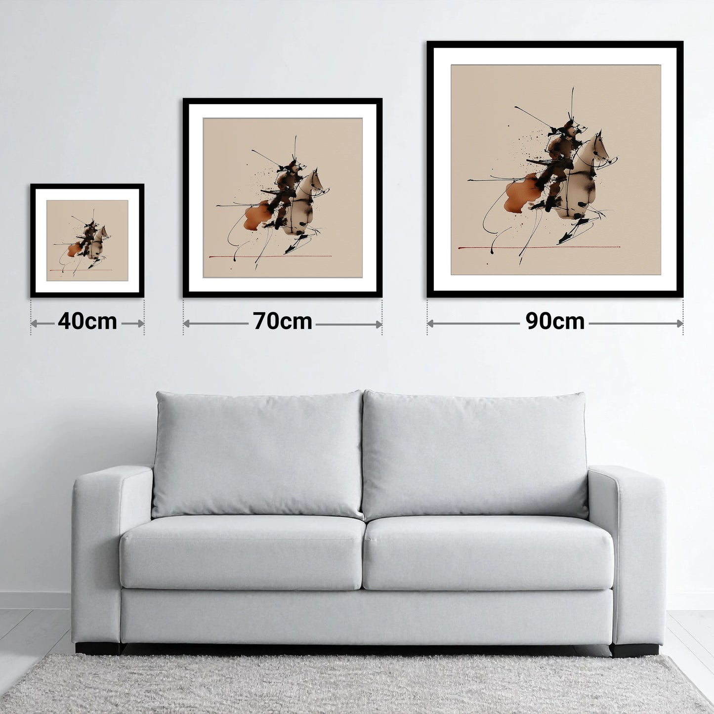 Abstract Momentum in Ink - size guide showing 40cm, 70cm and 90cm art prints