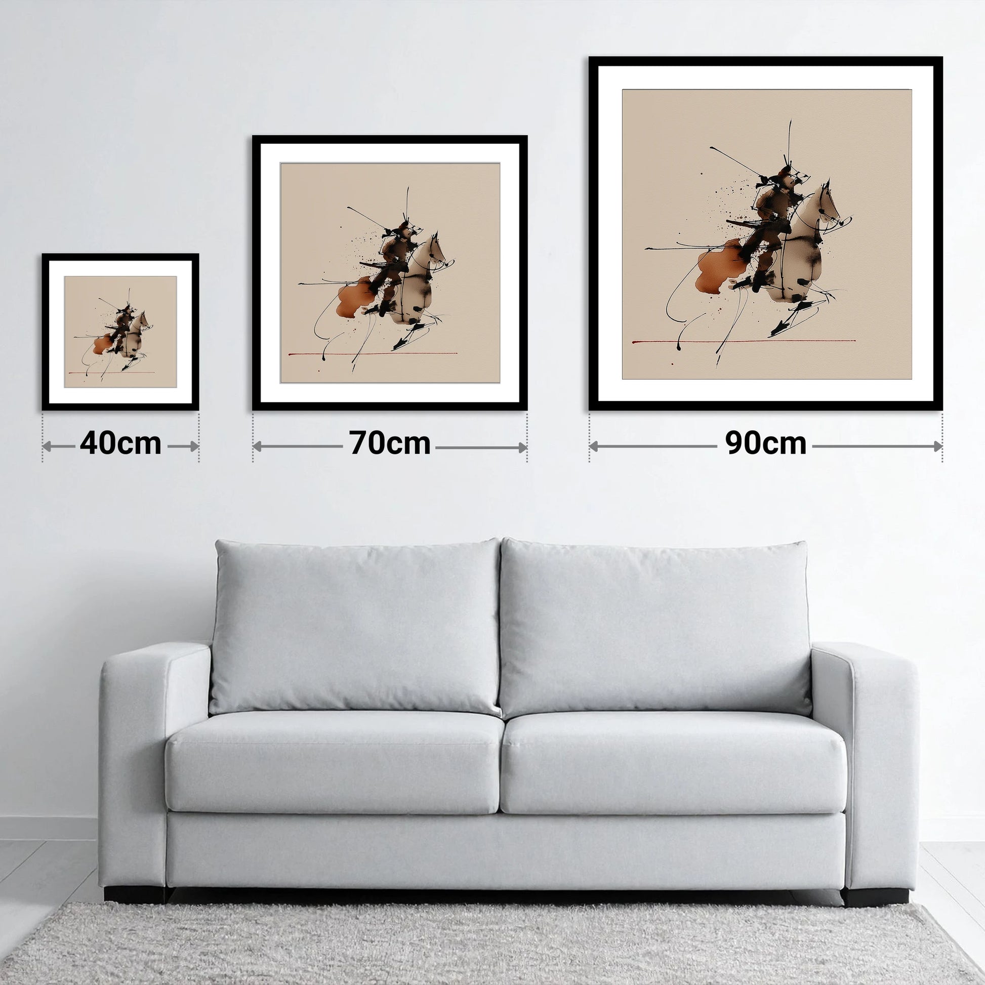 Abstract Momentum in Ink - size guide showing 40cm, 70cm and 90cm art prints