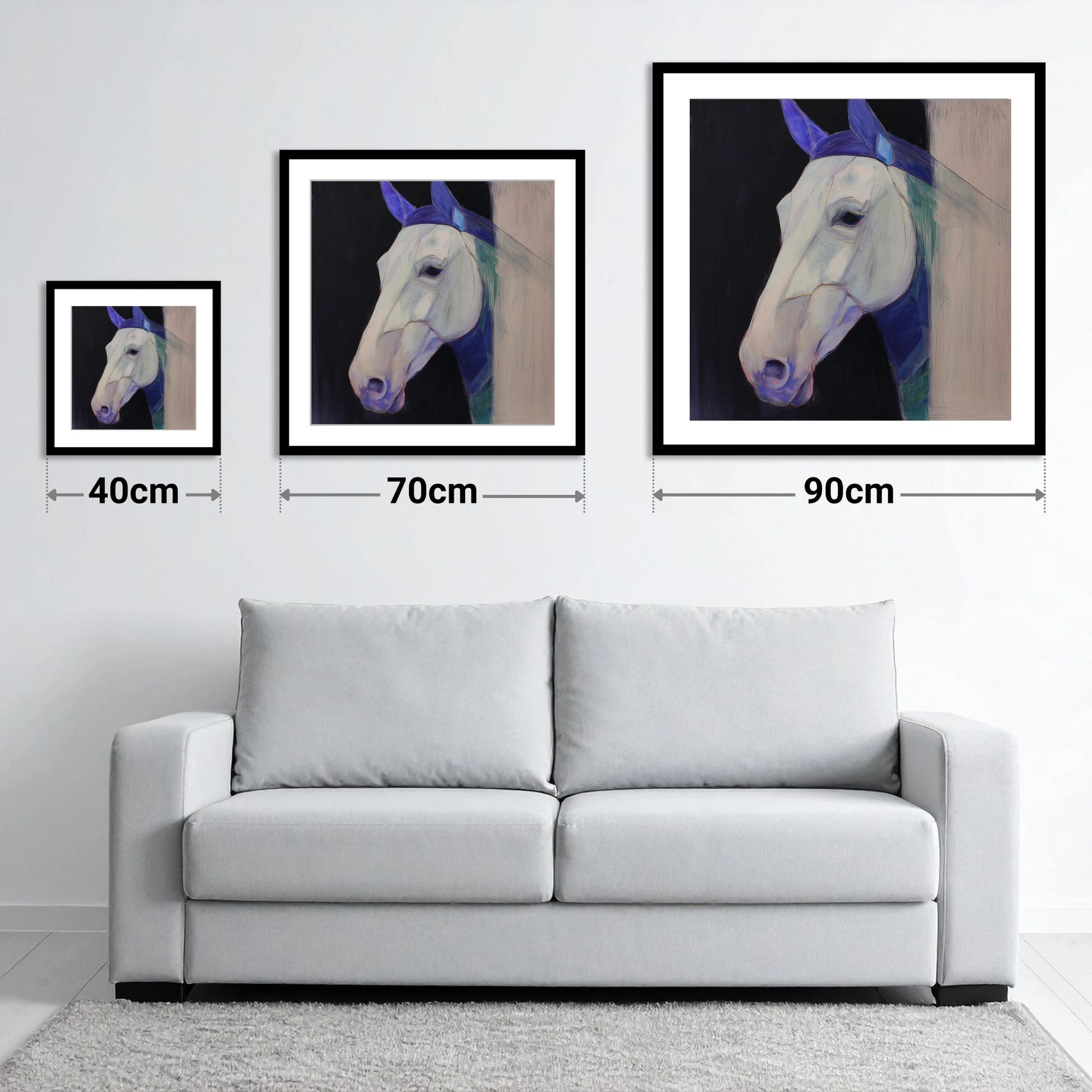 Echoes of Indigo - size guide showing 40cm, 70cm and 90cm art prints