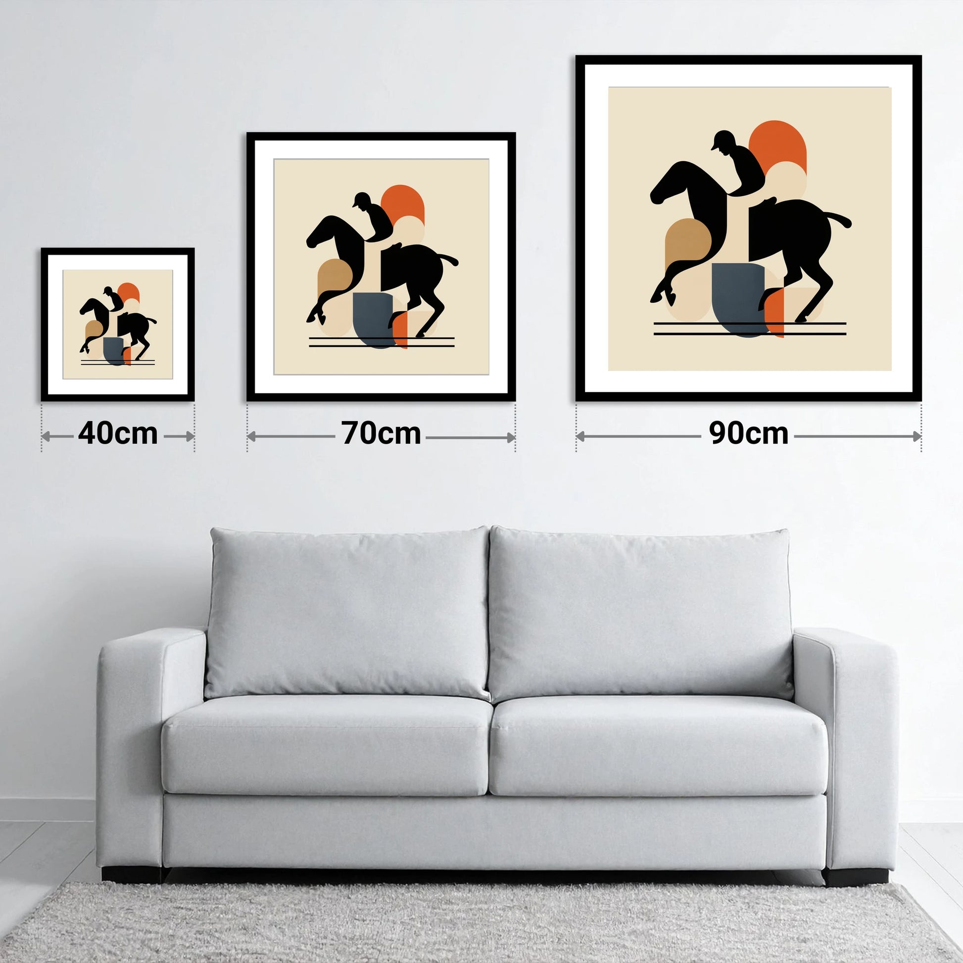 Retro Polo Silhouette - size guide showing 40cm, 70cm and 90cm art prints