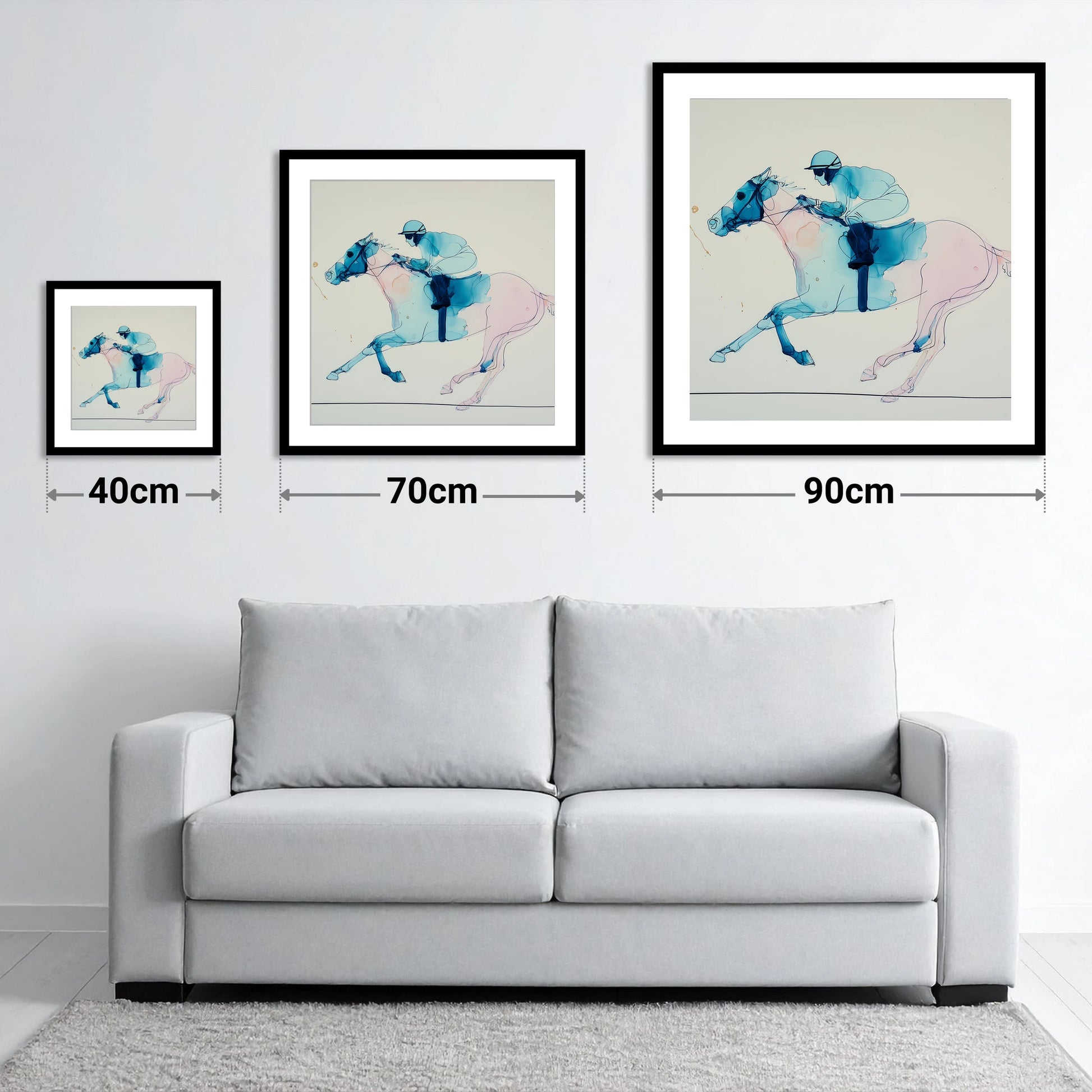 Azure Gallop - size guide showing 40cm, 70cm and 90cm art prints