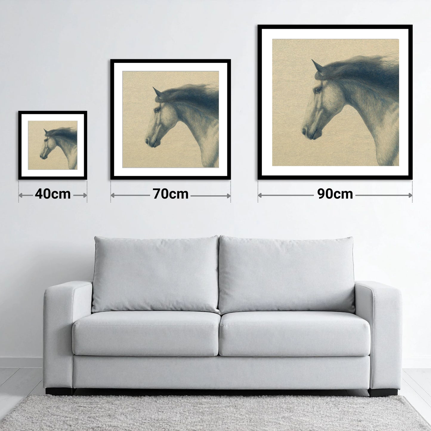 The Slate Blue Stallion - size guide showing 40cm, 70cm and 90cm art prints