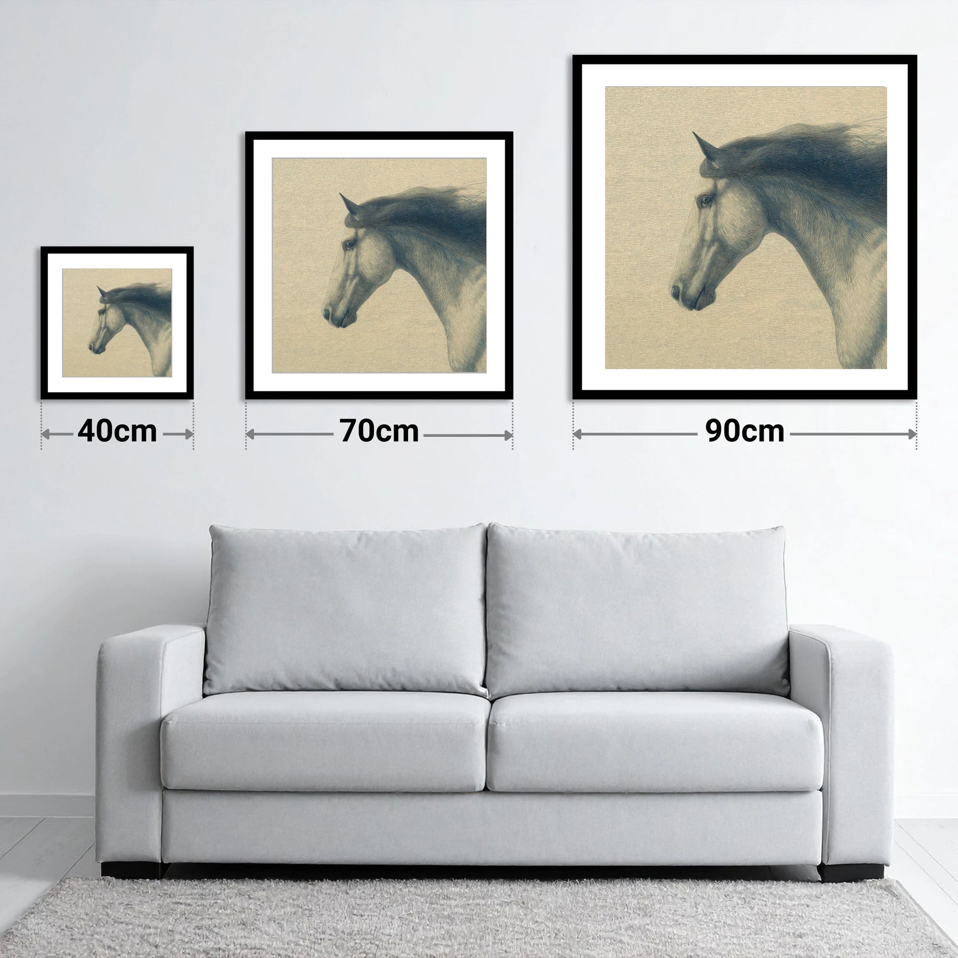 The Slate Blue Stallion - size guide showing 40cm, 70cm and 90cm art prints