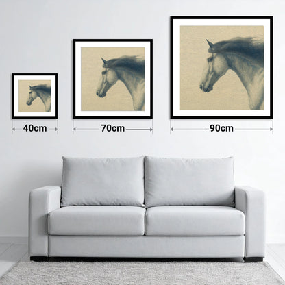 The Slate Blue Stallion - size guide showing 40cm, 70cm and 90cm art prints
