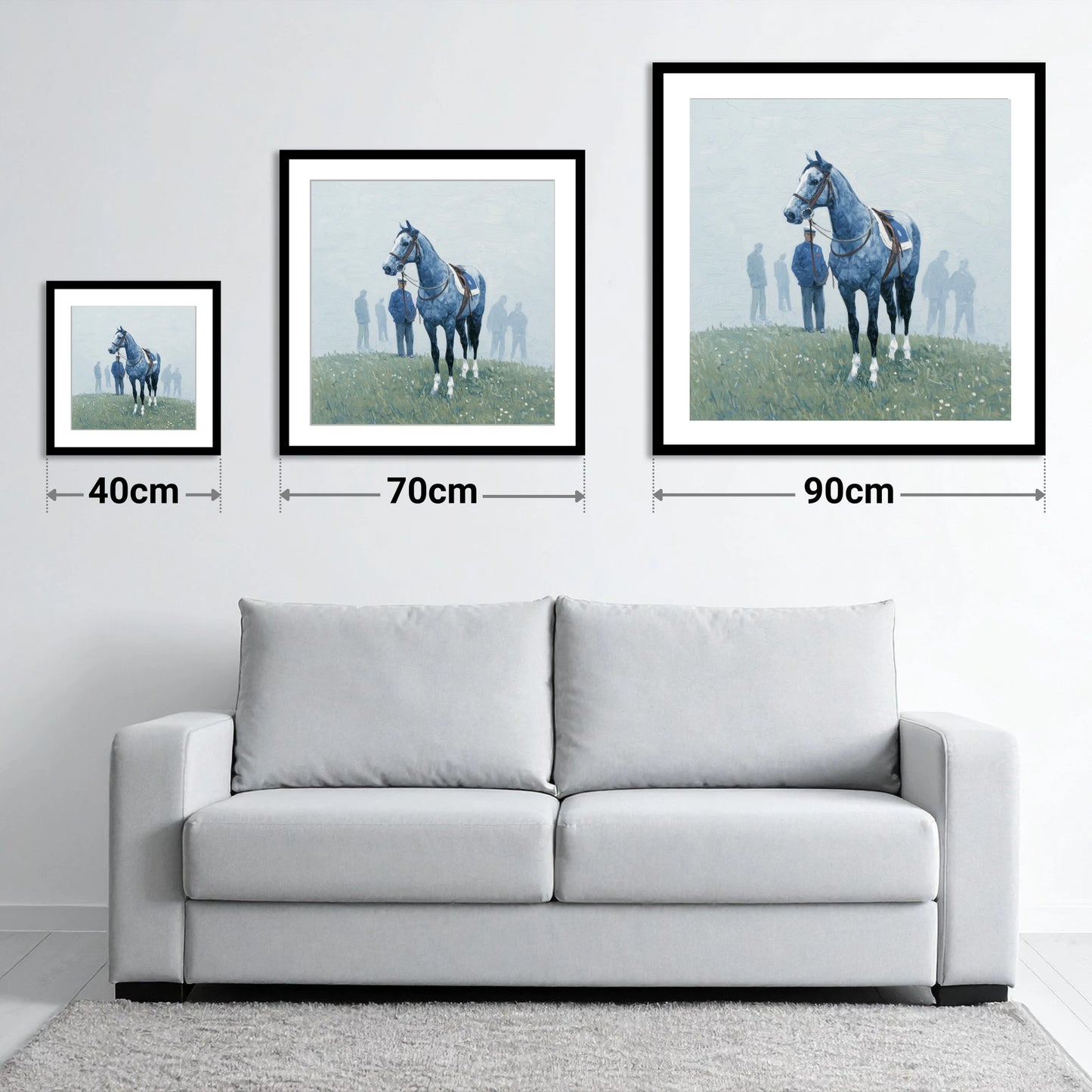 Waiting in the Mist - size guide showing 40cm, 70cm and 90cm art prints