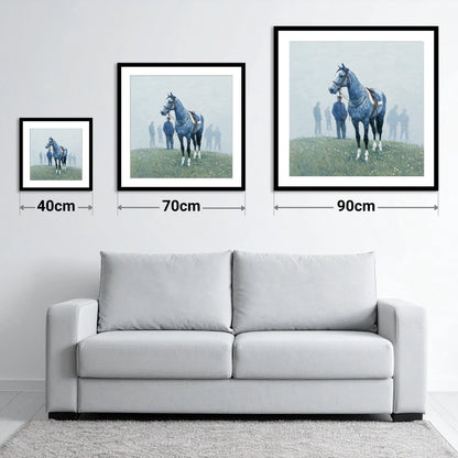 Waiting in the Mist - size guide showing 40cm, 70cm and 90cm art prints