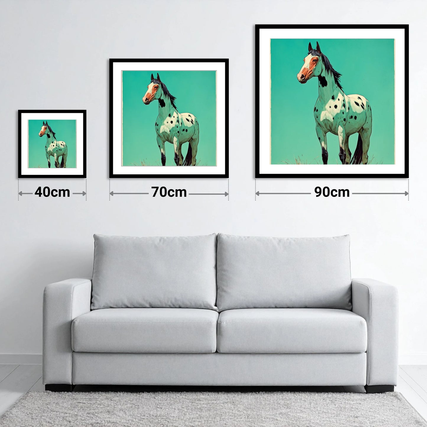 Vibrant Appaloosa Portrait - size guide showing 40cm, 70cm and 90cm art prints