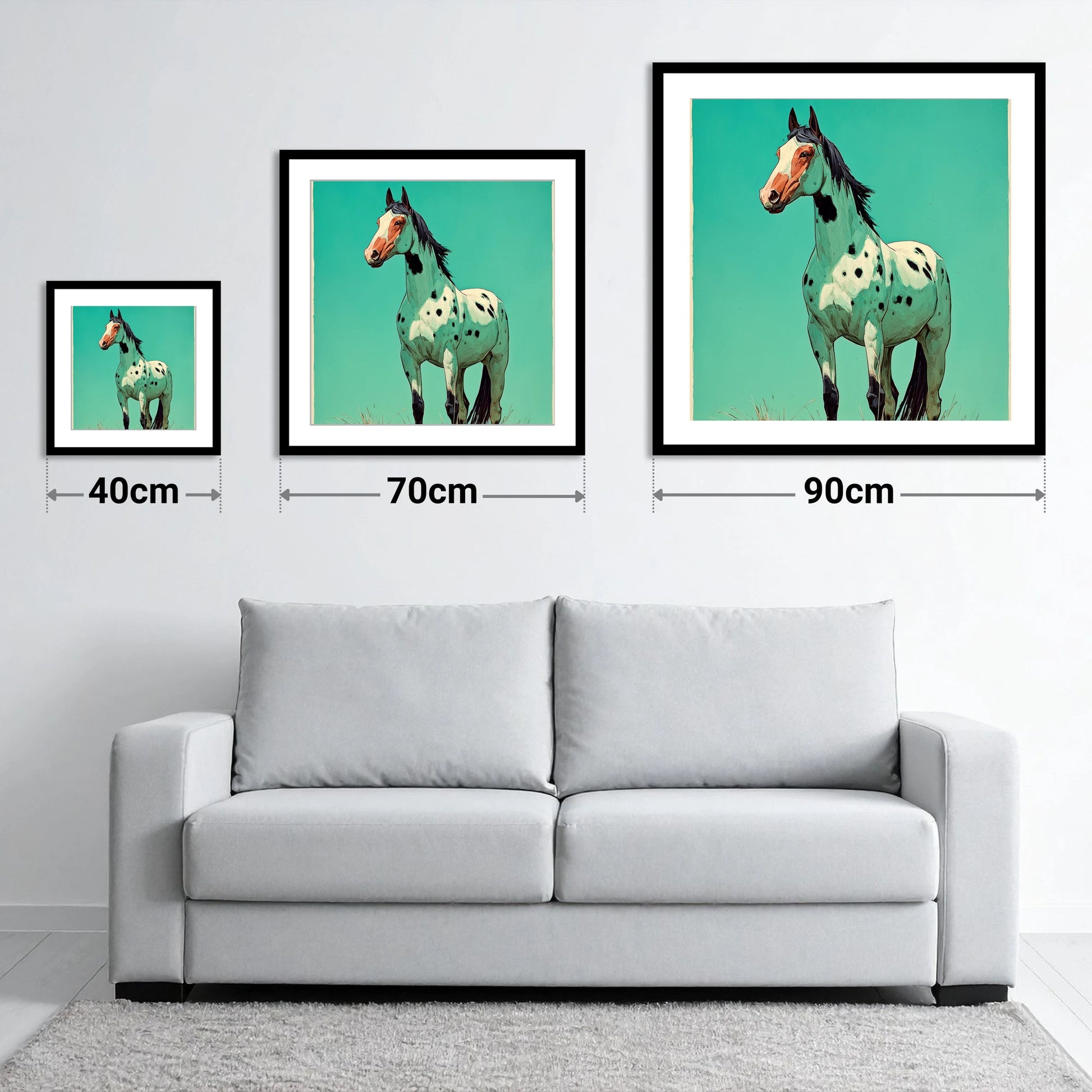 Vibrant Appaloosa Portrait - size guide showing 40cm, 70cm and 90cm art prints
