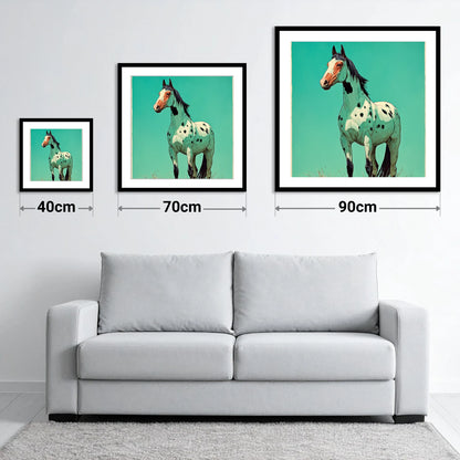 Vibrant Appaloosa Portrait - size guide showing 40cm, 70cm and 90cm art prints